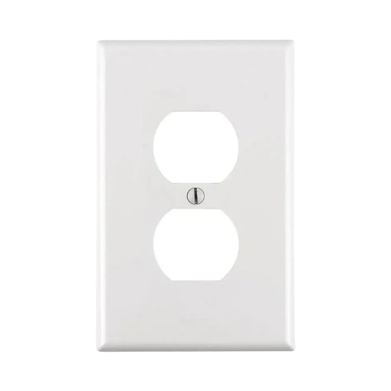 The Go Build 1-Gang Midway Duplex Outlet Nylon Wall Plate in white features two outlet openings and a central screw, shown here against a white background.